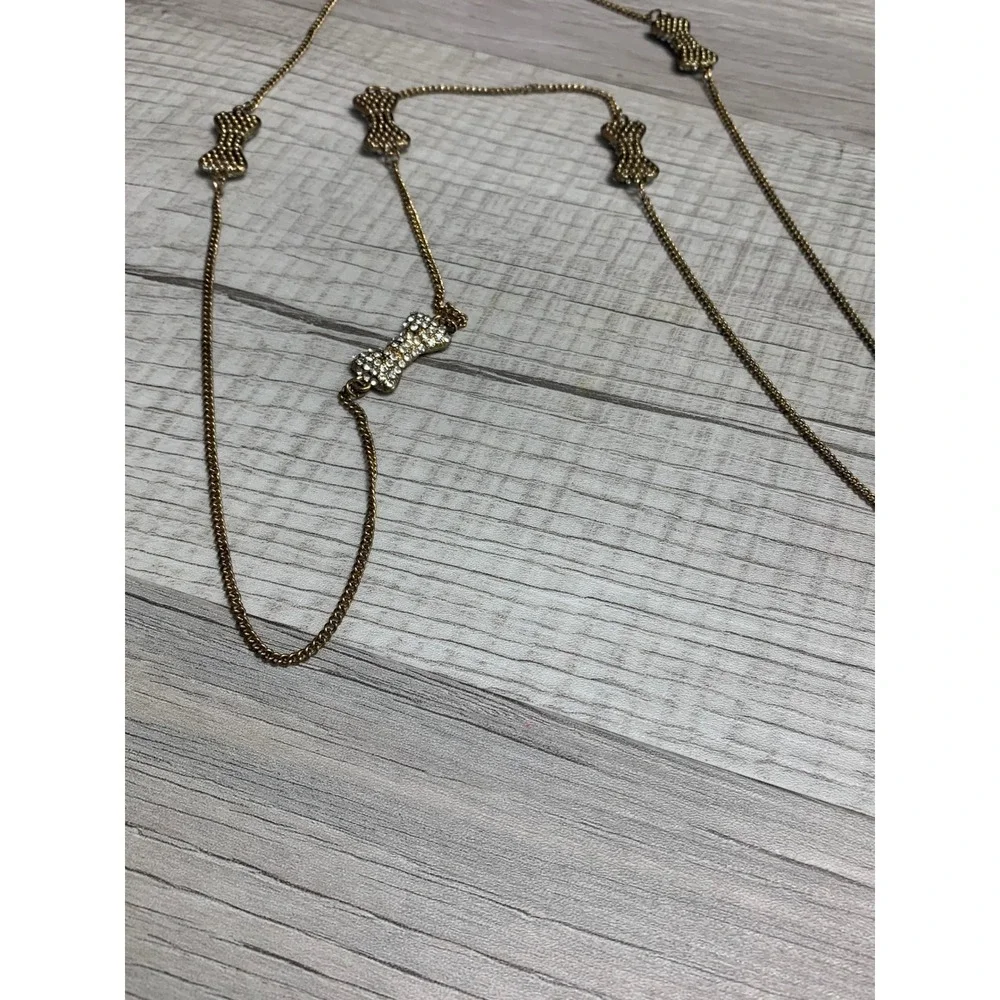 Gold Tone Rhinestone Bow Station Long Opera Chain Necklace 36 Inch 3466